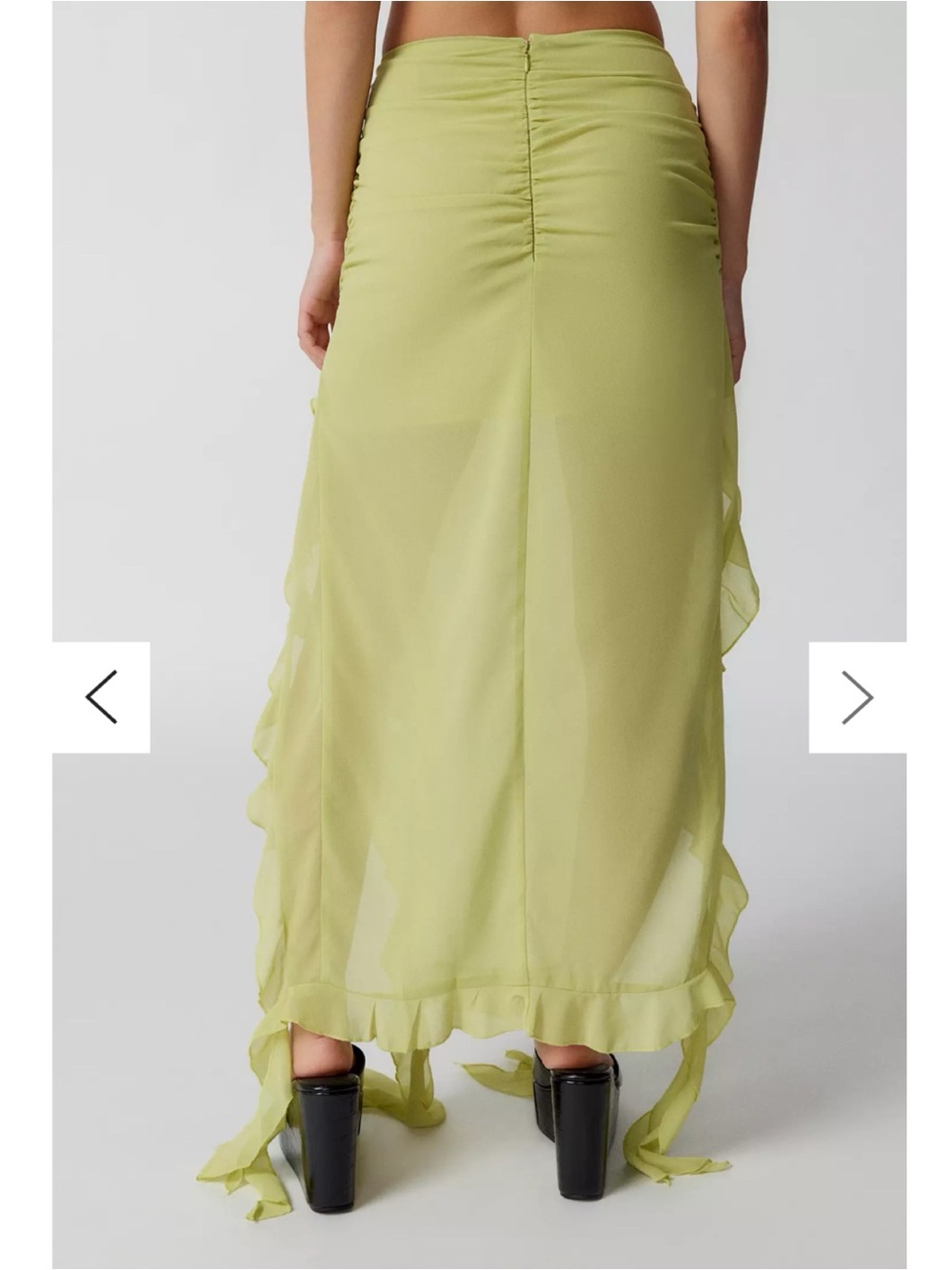 Lioness Lime Chiffon Maxi Skirt with Asymmetrical Hem, Ruching, and Ruffles - Picture 3 of 9
